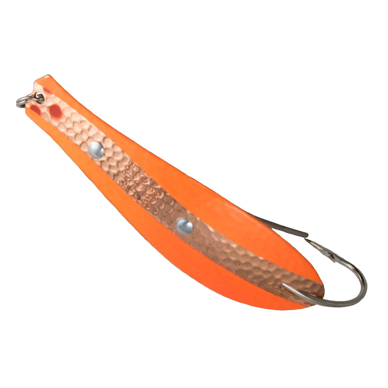 Weedless Doctor Spoon in (406) Fluorescent Orange/Copper Swirl Yellow